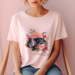 Camiseta Chica Sleepe Cat Y Flores Rosa