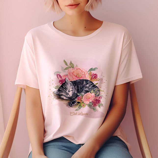 Camiseta Chica Sleepe Cat Y Flores Rosa (Subido por el creador)