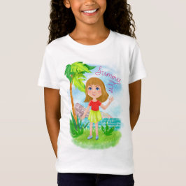 Camiseta chica sobre el fondo de los trópicos y el mar en s