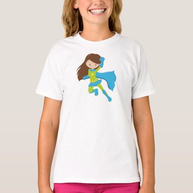 Camiseta Chica Superhéroe, Chica Cute, pelo pardo, cabo azu (Anverso)