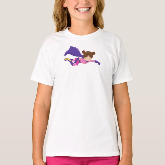 Camiseta Chica superhéroe, pelo pardo, cabo púrpura, Chica  (Anverso)