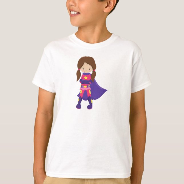 Camiseta Chica superhéroe, pelo pardo, Chica lindo, cabo pú (Anverso)
