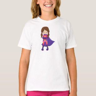 Camiseta Chica superhéroe, pelo pardo, Chica lindo, cabo pú