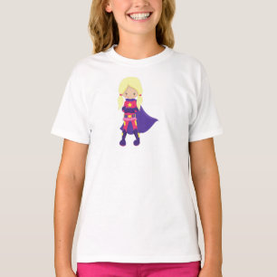 Camiseta Chica superhéroe, pelo rubio, cabo púrpura, héroe