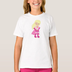 Camiseta Chica superhéroe, pelo rubio, Chica lindo, Cabo ro
