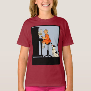 Camiseta Chica tocando piano, perro, estilo retro