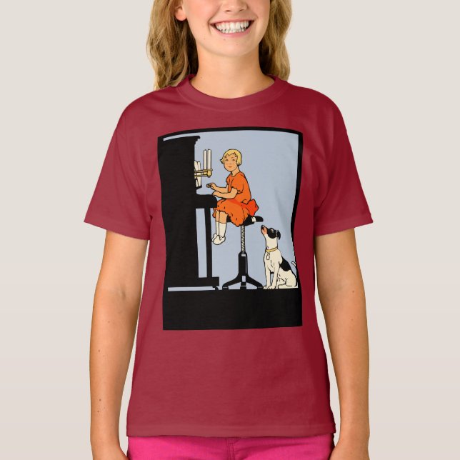 Camiseta Chica tocando piano, perro, estilo retro (Anverso)