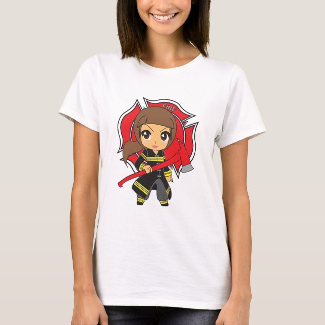 Camiseta Chica trigueno del bombero de Kawaii - (Anverso)