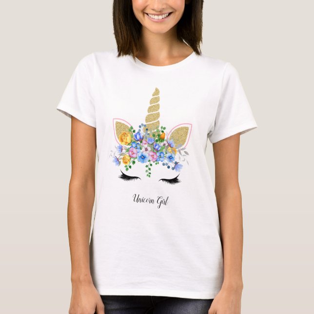 Camiseta Chica unicornio Cute Gold Purpurina Blue Floral Se (Anverso)