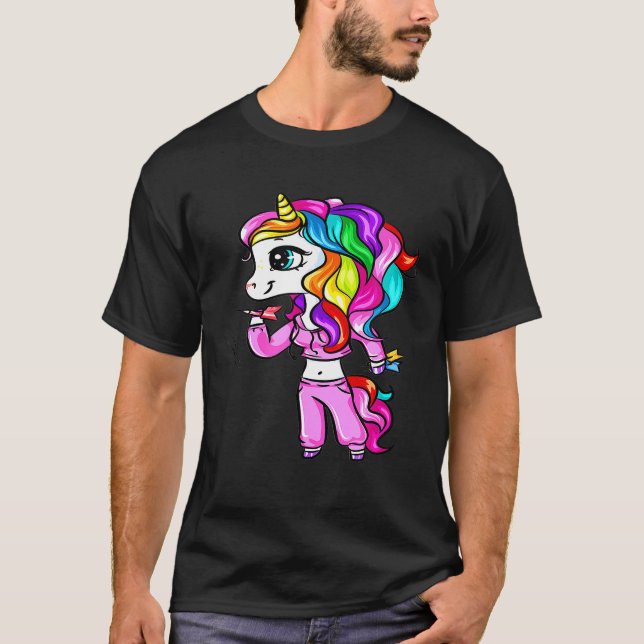 Camiseta Chica unicornio, jugadora de dardos, divertida muj (Anverso)