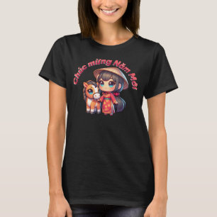 Camiseta Chica y caballo de Año Nuevo vietnamita kawaii