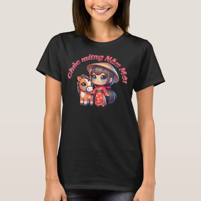 Camiseta Chica y caballo de Año Nuevo vietnamita kawaii (Anverso)