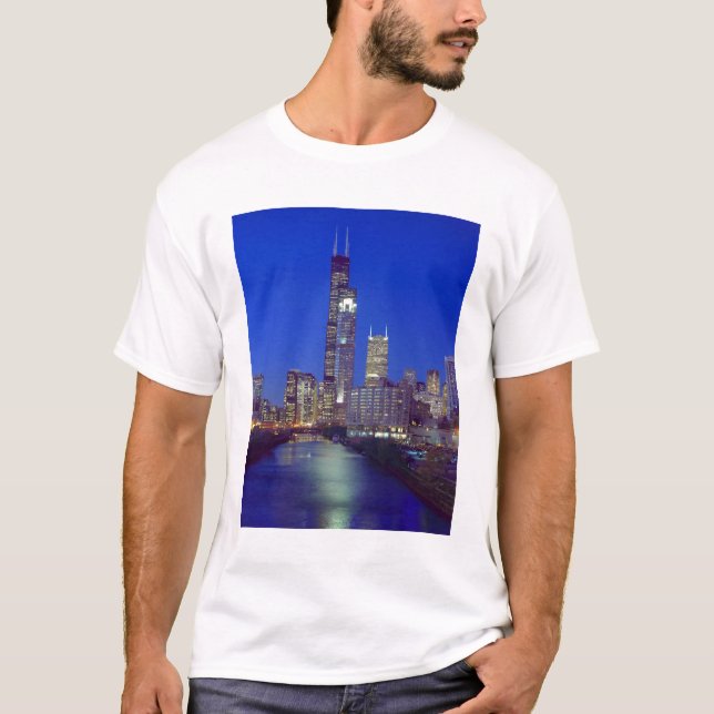 Camiseta Chicago, Illinois, Skyline de noche con Chicago (Anverso)