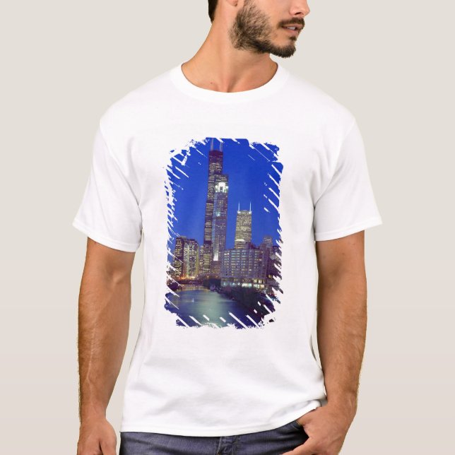 Camiseta Chicago, Illinois, Skyline de noche con Chicago (Anverso)