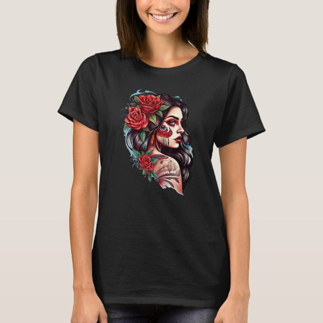 Camiseta Chicano Girl Mexico Flowers Death Pretty (Anverso)