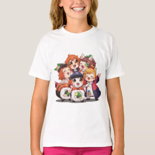 Camiseta Chicas Anime Chibi Lindas Grupo de Sushi Arte
