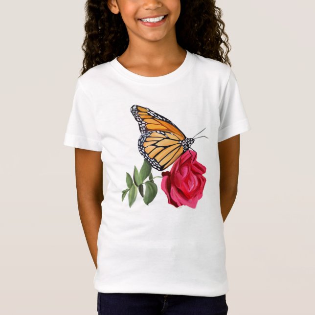 Camiseta Chicas con mariposa monarca en rosa roja (Anverso)