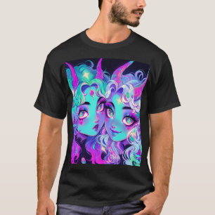 Camiseta Chicas de anime de gemelos extranjeros con cuerno