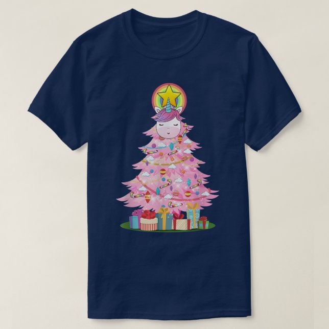 Camiseta Chicas de árbol de navidad de unicornio rosado Kaw (Diseño del anverso)