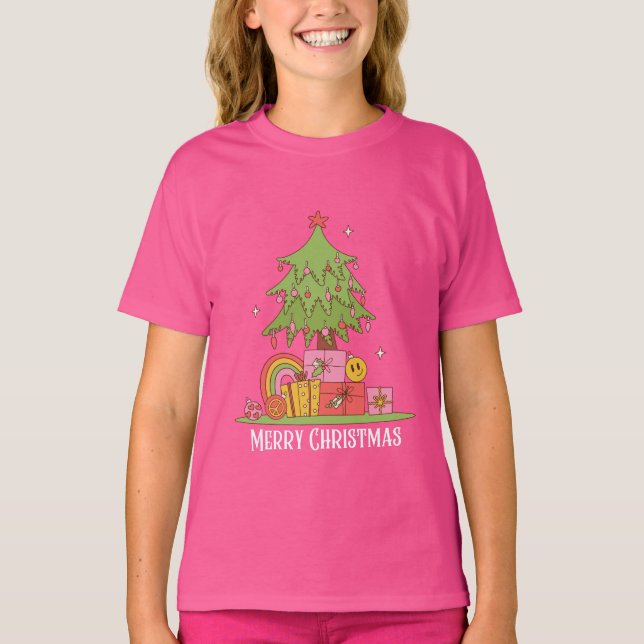 Camiseta Chicas de árbol de Navidad Rosa Retro (Anverso)