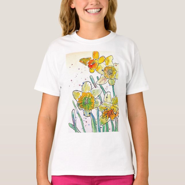 Camiseta Chicas de arte de la acuarela amarillo de Daffodil (Anverso)