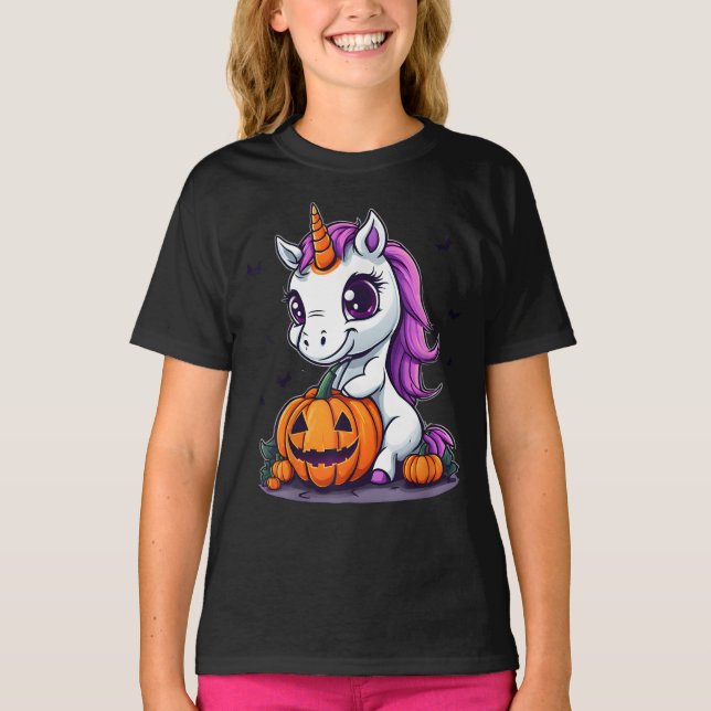 Camiseta Chicas de Halloween malhumorados unicornio Hallowe (Anverso)