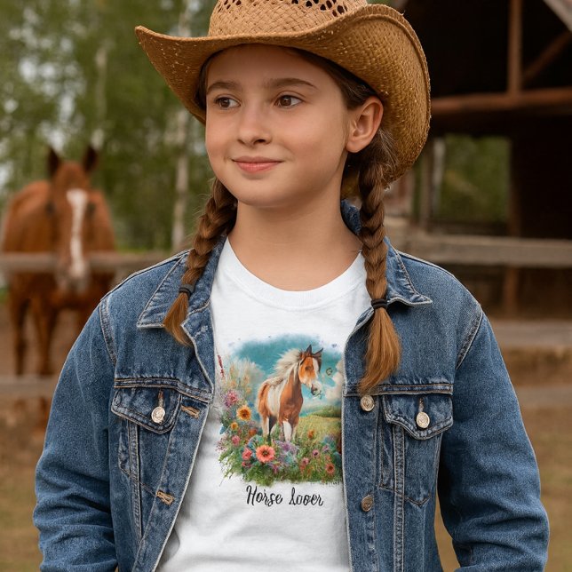 Camiseta Chicas del potro Pinto amantes de los caballos  (Girls western look T-shirt .  If she likes horses then she will love this watercolor illustrated tee)