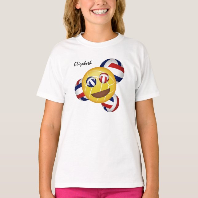 Camiseta chicas emoji de voleibol sonriente blanco y azul (Anverso)