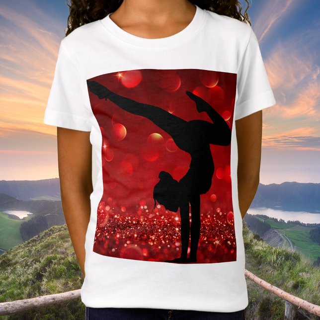 Camiseta Chicas Gimnasia Handstand Red Shimmer (Girls Gymnastics T-Shirt)