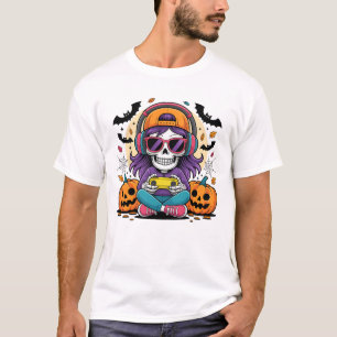 Camiseta Chicas Halloween Esqueleto Jugadora Video Juegos C
