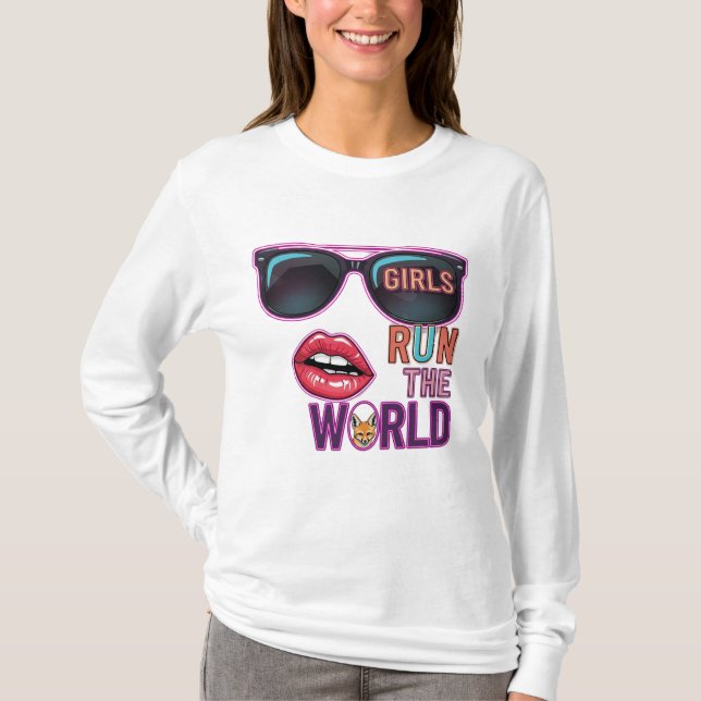 Camiseta Chicas manejan el mundo - Arte pop Neon Diseño fem (Anverso)