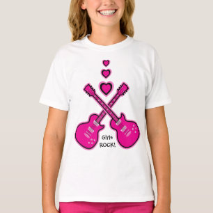 Camiseta ¡chicas ROCK! Guitares y corazones rosados y negro