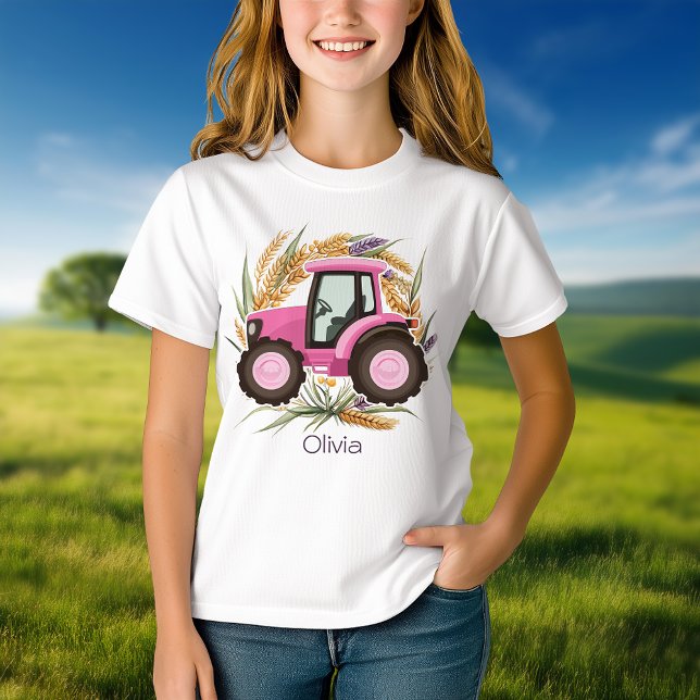 Camiseta Chicas Tractor de Granja Rosa Personalizado Girona (Girls Pink Farm Tractor Personalized Girly T-Shirt)