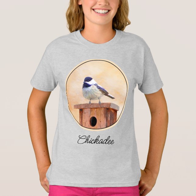 Camiseta Chickadee on Birdhouse Painting Original Bird Art  (Anverso)