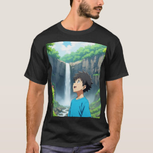 Camiseta Chico Anime Admirando Cascada en una Hermosa Natur