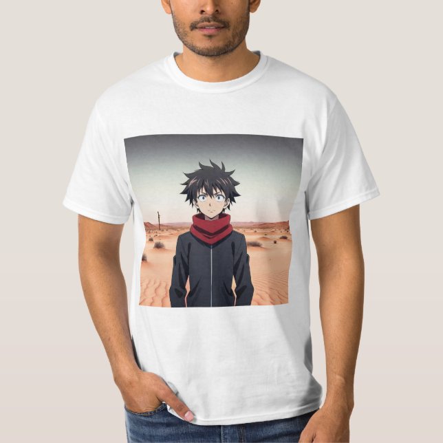 Camiseta Chico Anime de Pie en un Paisaje Desértico – Anime (Anverso)