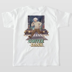 Camiseta Chico anime lindo corriendo en la ciudad con café