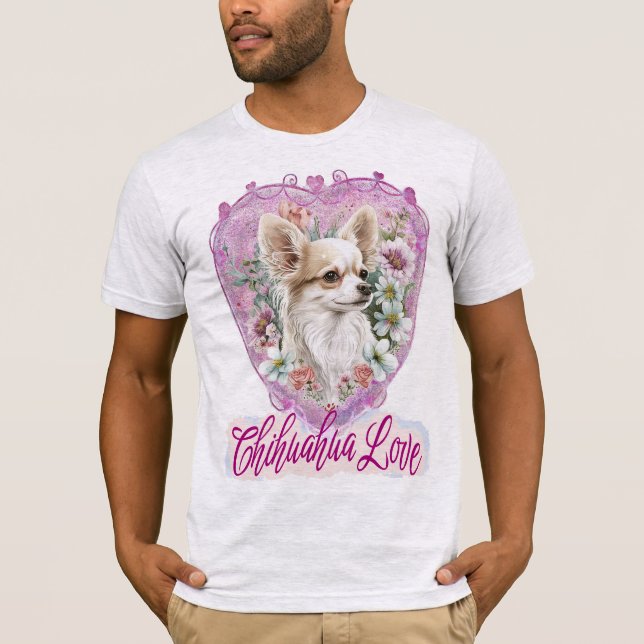 Camiseta Chihuahua adorable con flores de tema rosa (Anverso)
