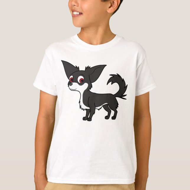 Camiseta Chihuahua blanca y negra con el pelo largo (Anverso)