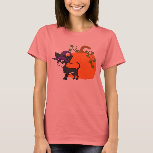 Camiseta Chihuahua blanco y negro con calabaza de Halloween (Anverso)
