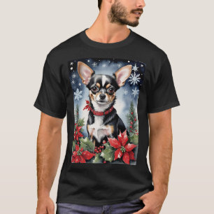 Camiseta Chihuahua de Navidad con poinsettias y copos de ni