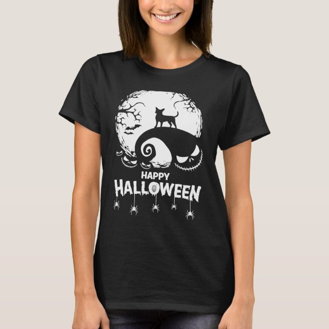Camiseta Chihuahua Happy Halloween Spooky Bats Moon Pumpkin (Anverso)