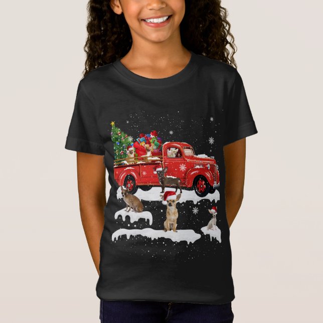 Camiseta Chihuahua Montando Camión Rojo Feliz Navidad X-mas (Anverso)