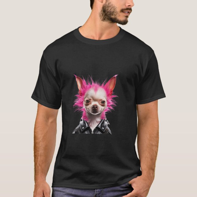 Camiseta Chihuahua, músico de rock de Punk mohawk rosa (Anverso)