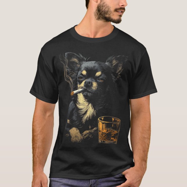 Camiseta Chihuahua Smoking Cigarette Whisky Lover Funny Dog (Anverso)