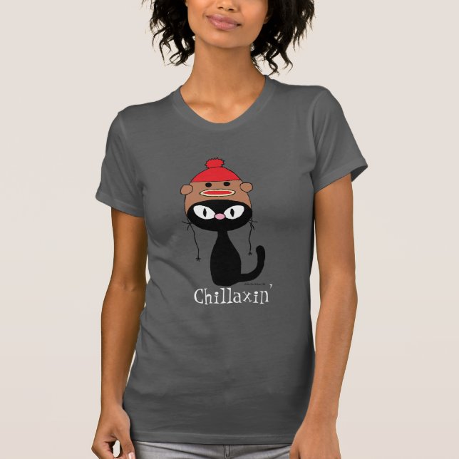 Camiseta Chillaxis" Gato negro con Gorra de mono negro (Anverso)