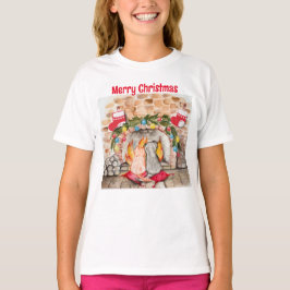 Camiseta Chimenea de Navidad acogedora con perro y gato
