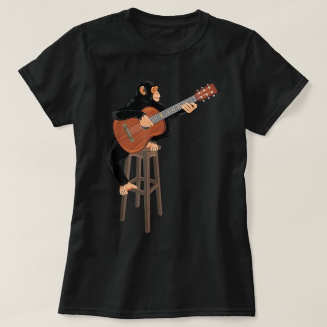 Camiseta Chimpancé tocando guitarra acústica. Mono gracioso (Diseño del anverso)