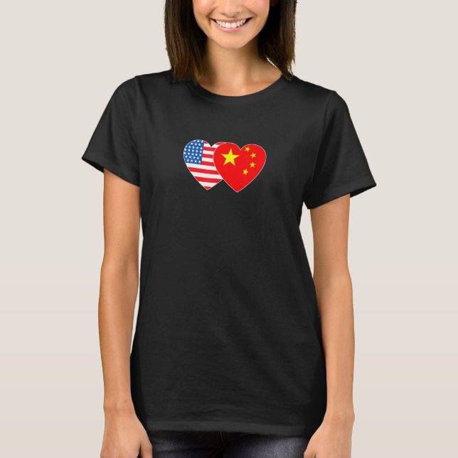 Camiseta China and USA Flag Twin Heart for Chinese American (Anverso)