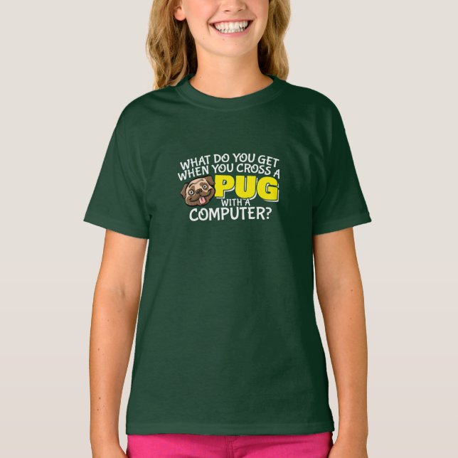 Camiseta Chiste Pug - Cruzar un pug con una computadora (Anverso)